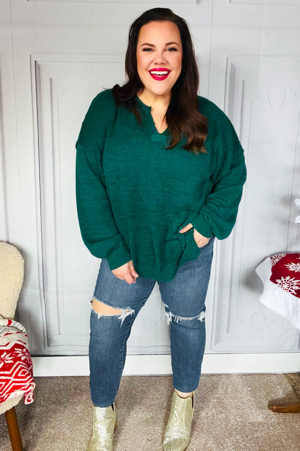 Hunter Green Notched Neck With Patch Oversized Sweater