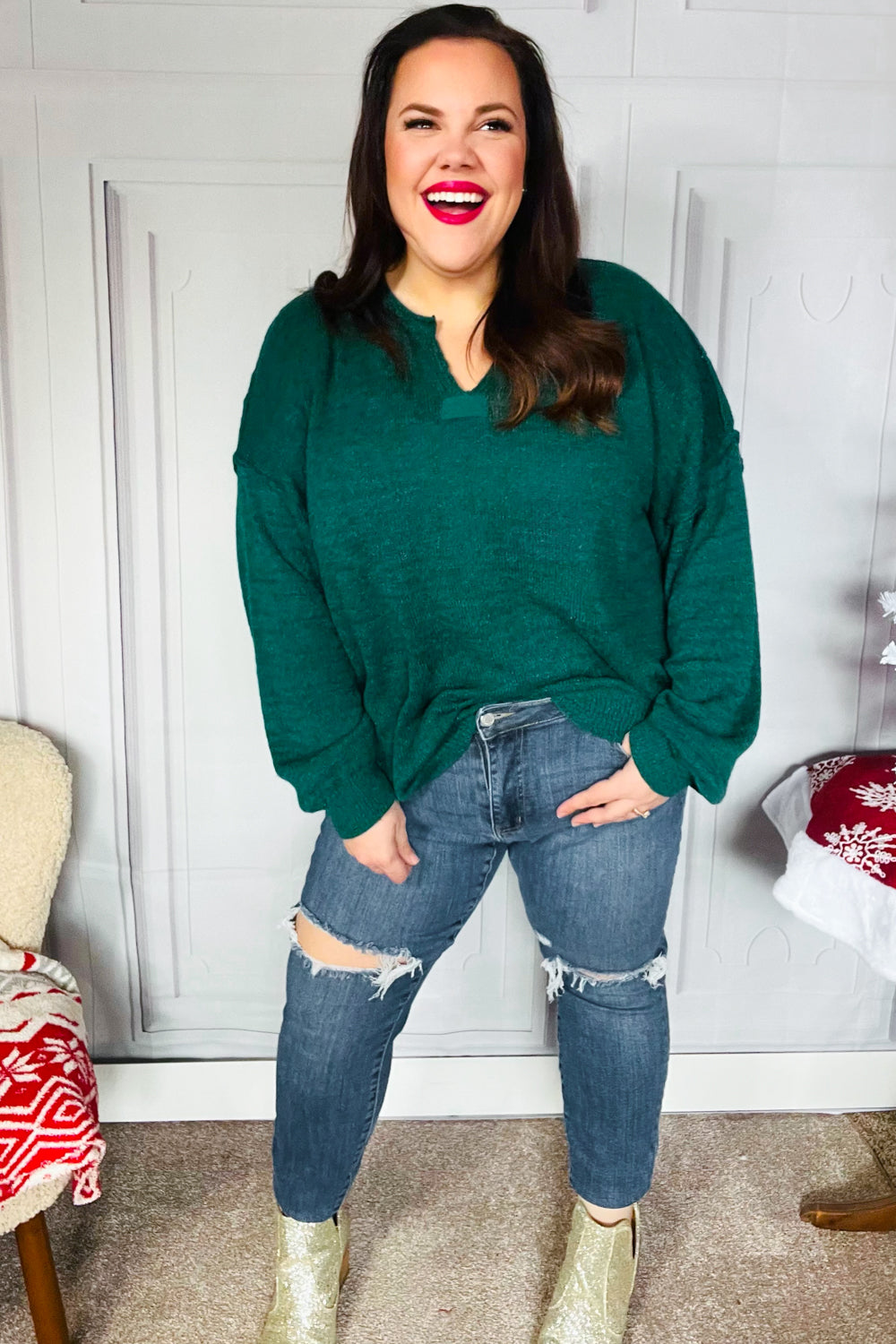 Hunter Green Notched Neck With Patch Oversized Sweater