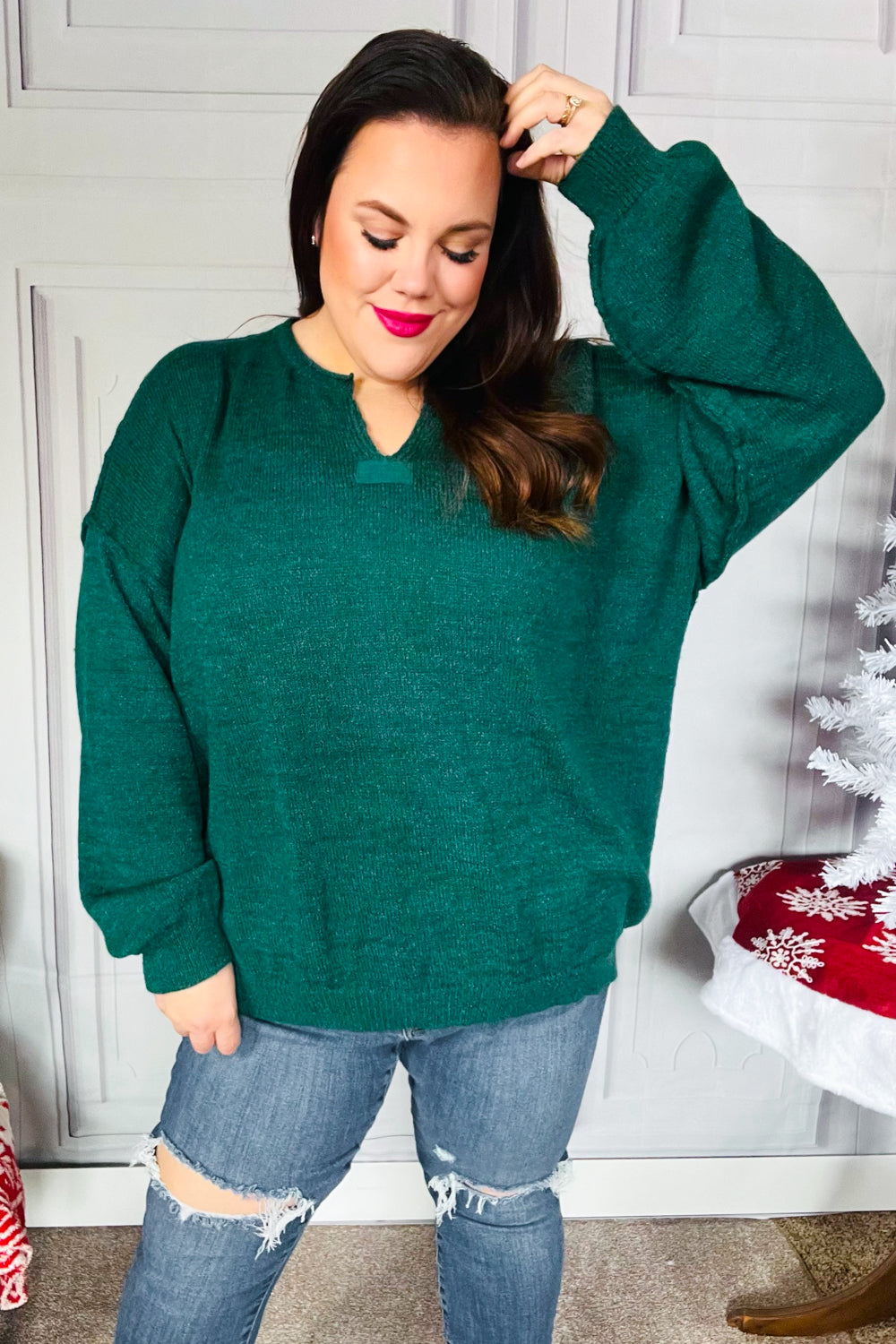 Hunter Green Notched Neck With Patch Oversized Sweater