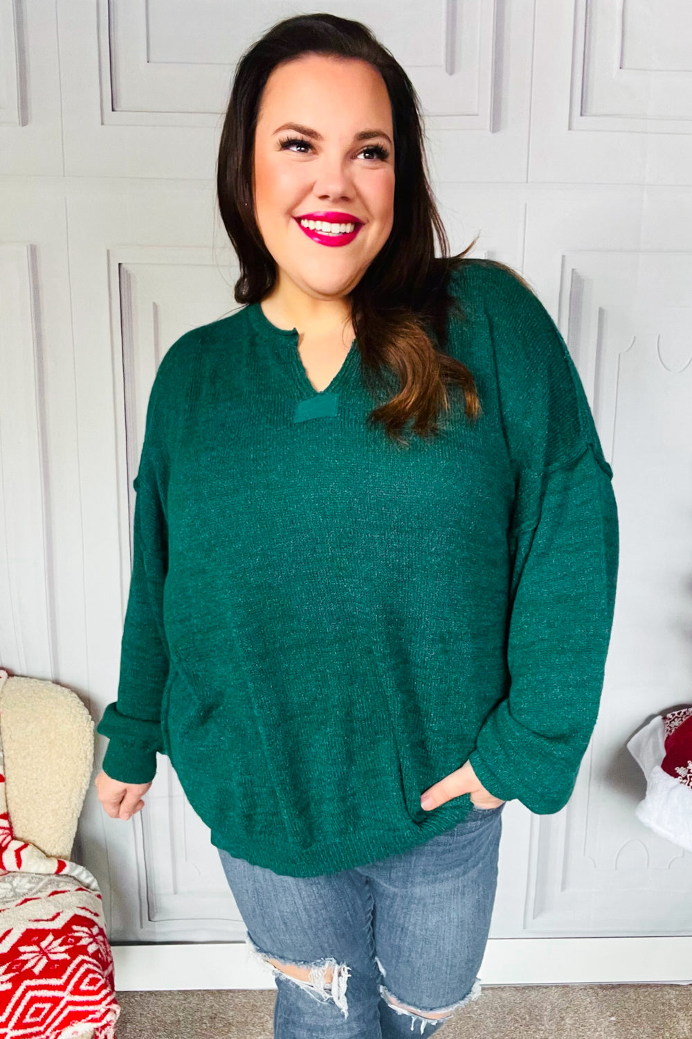 Hunter Green Notched Neck With Patch Oversized Sweater