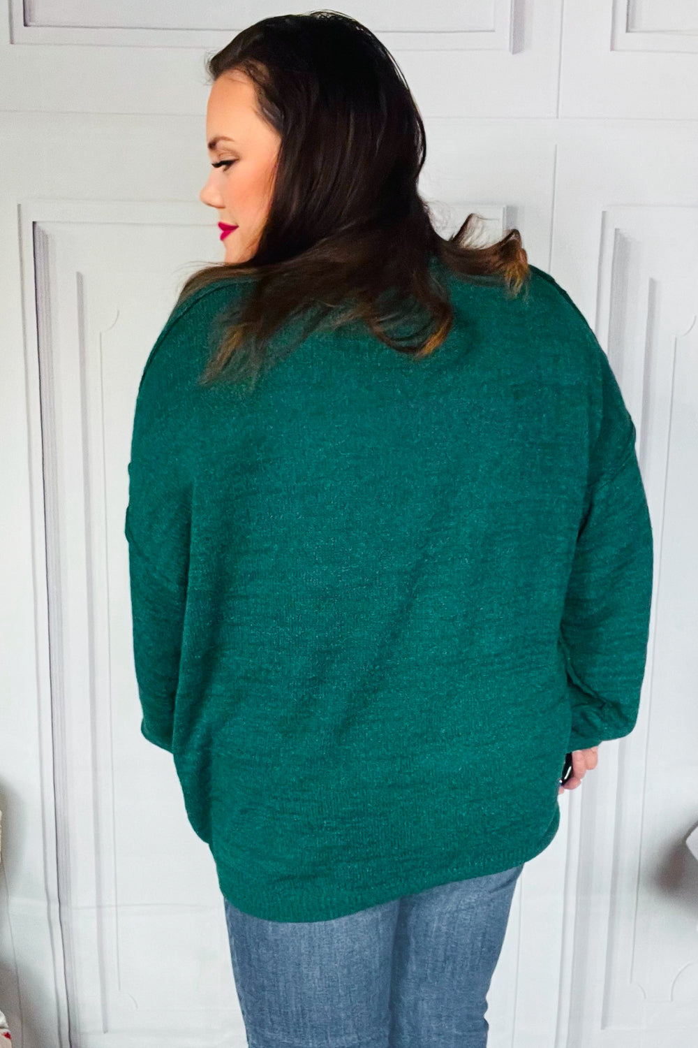 Hunter Green Notched Neck With Patch Oversized Sweater