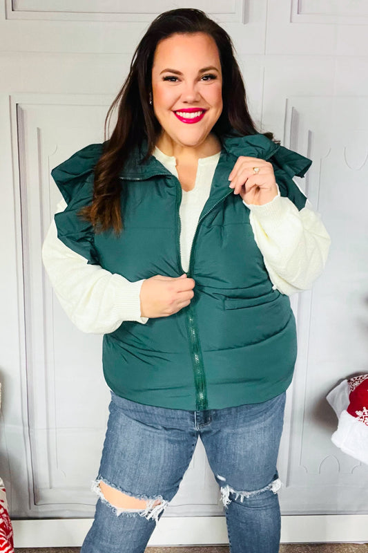 Hunter Green Zipper Up Quilted Ruffle Sleeve Puffer Vest