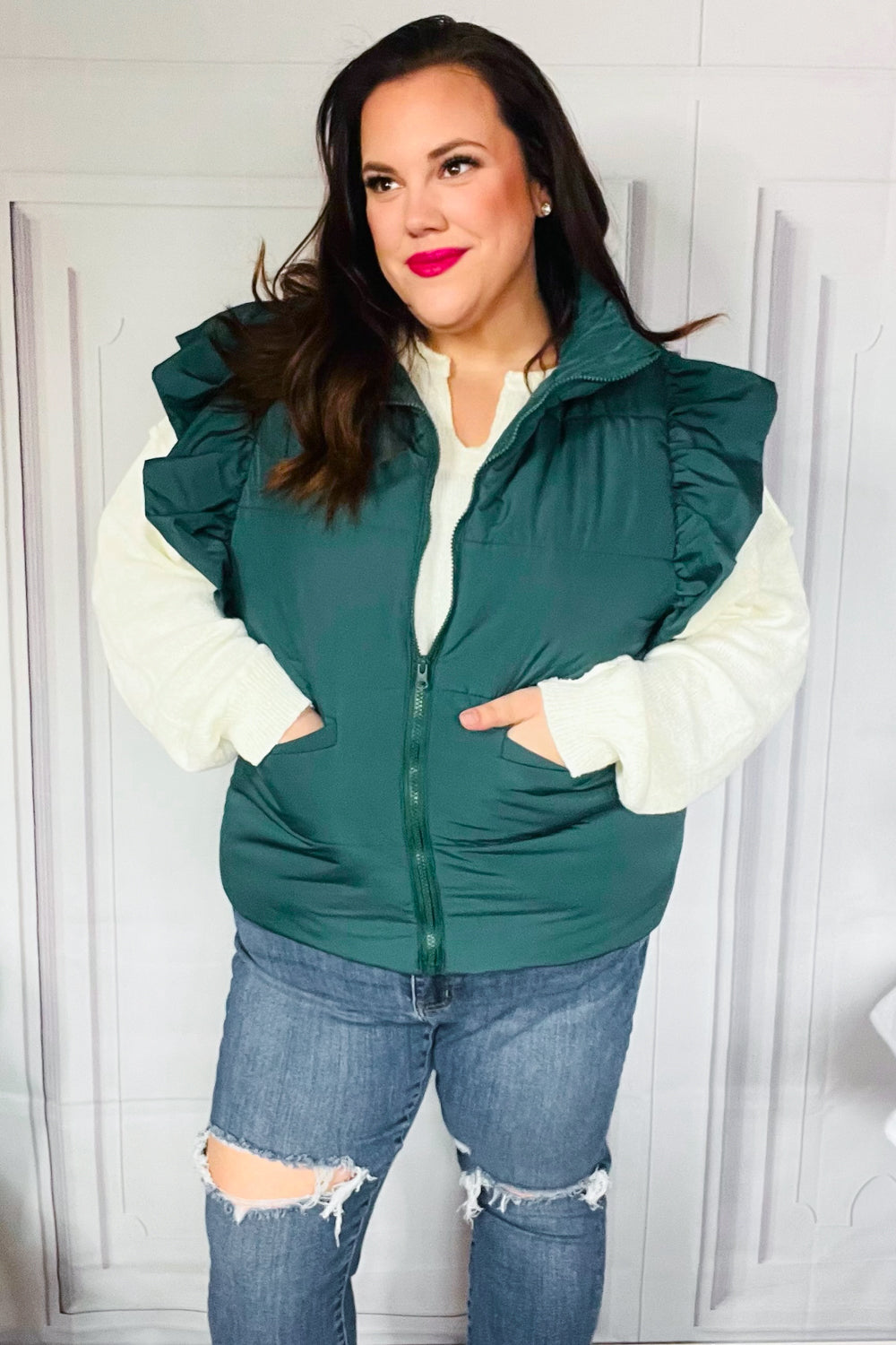 Hunter Green Zipper Up Quilted Ruffle Sleeve Puffer Vest