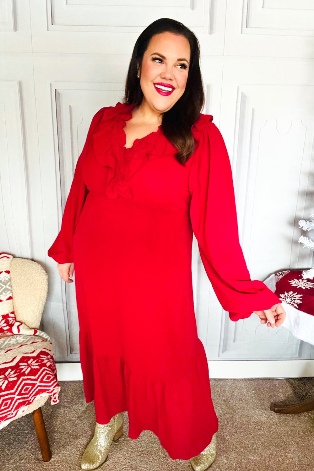 Holiday Red Overlap Ruffle V Neck Midi Dress