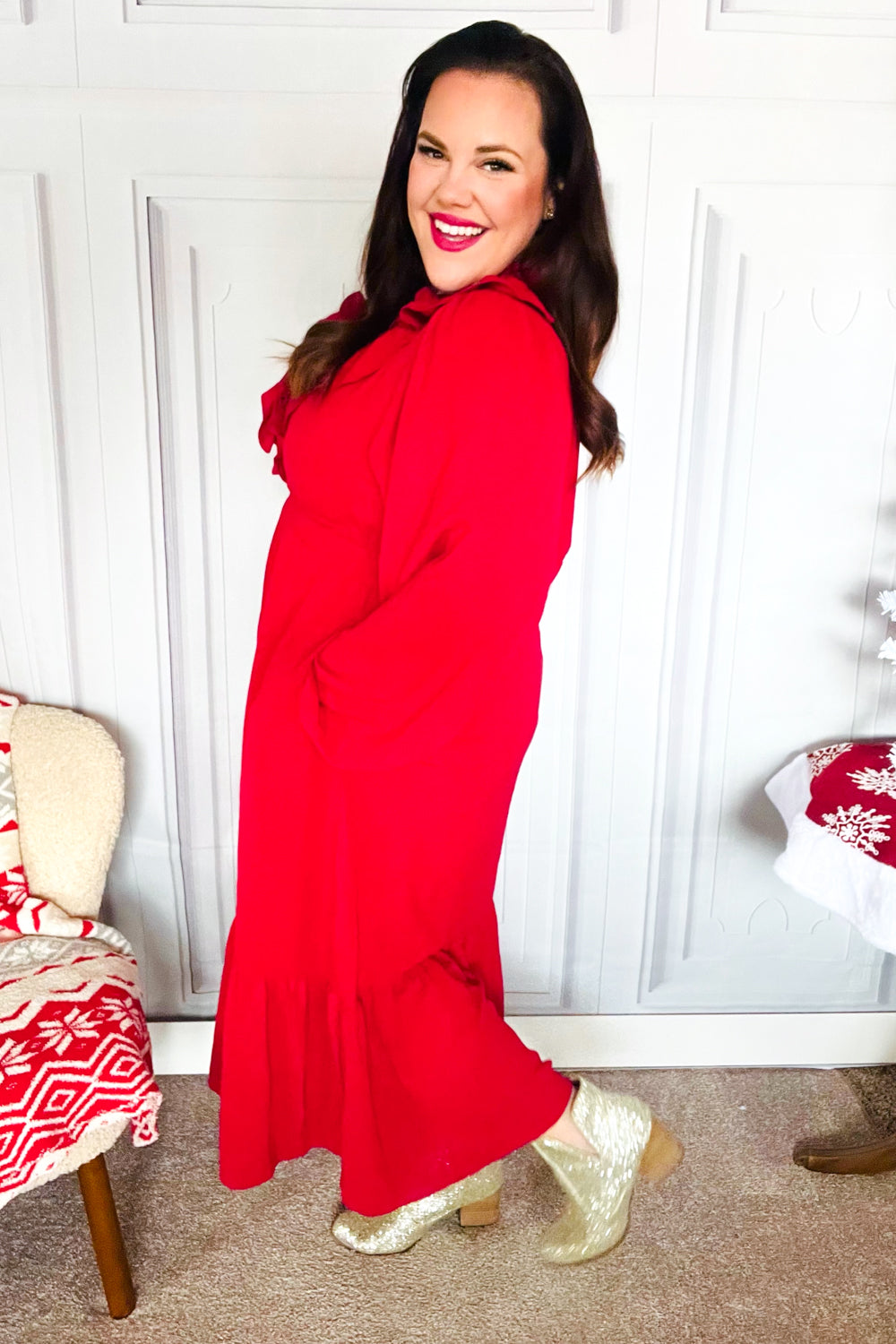 Holiday Red Overlap Ruffle V Neck Midi Dress