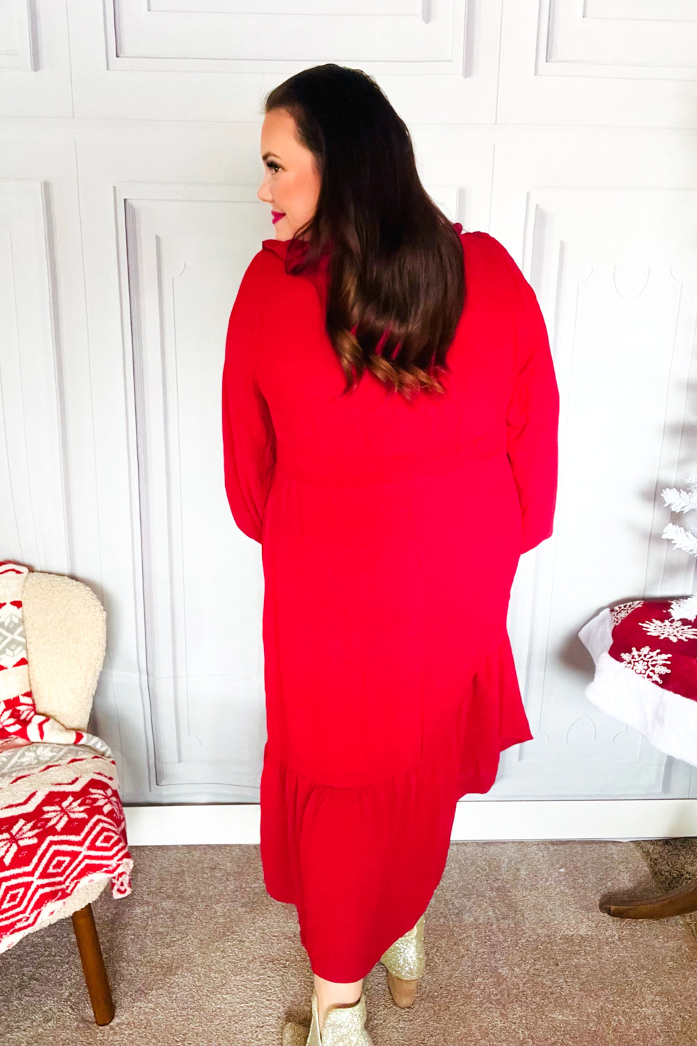 Holiday Red Overlap Ruffle V Neck Midi Dress