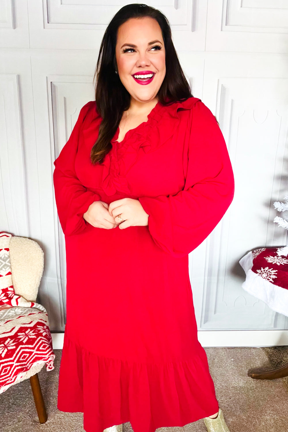 Holiday Red Overlap Ruffle V Neck Midi Dress