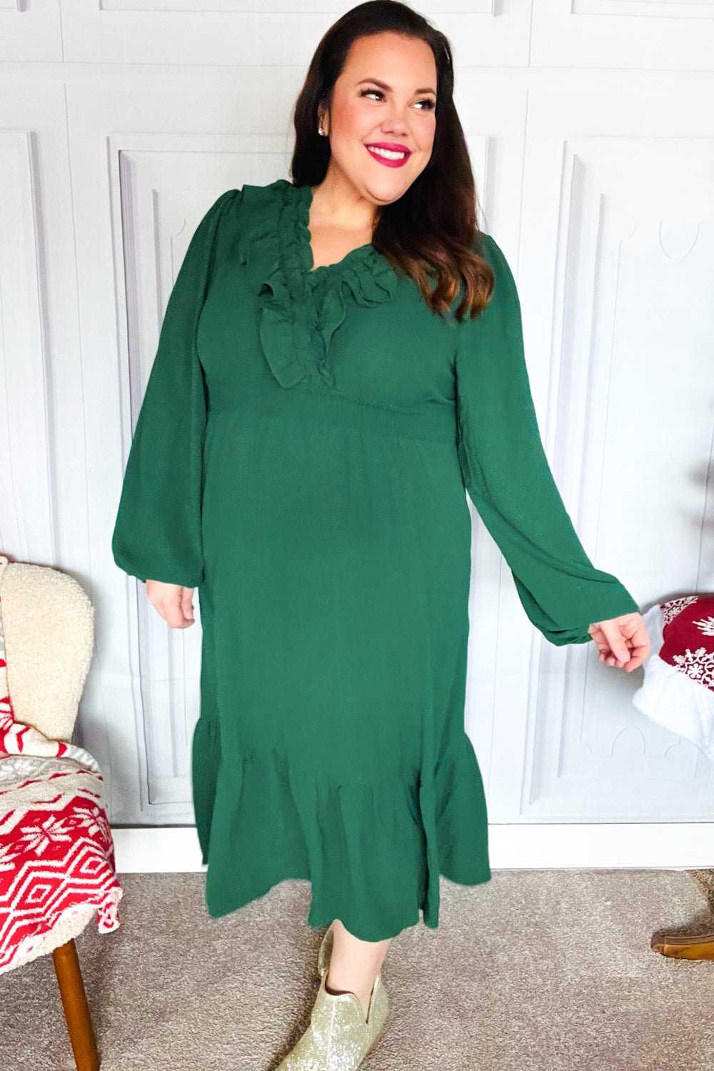 Holiday Green Overlap Ruffle V Neck Midi Dress