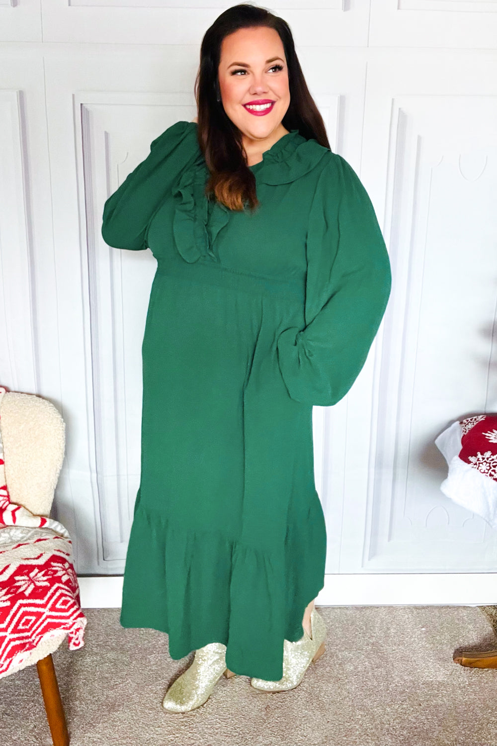 Holiday Green Overlap Ruffle V Neck Midi Dress