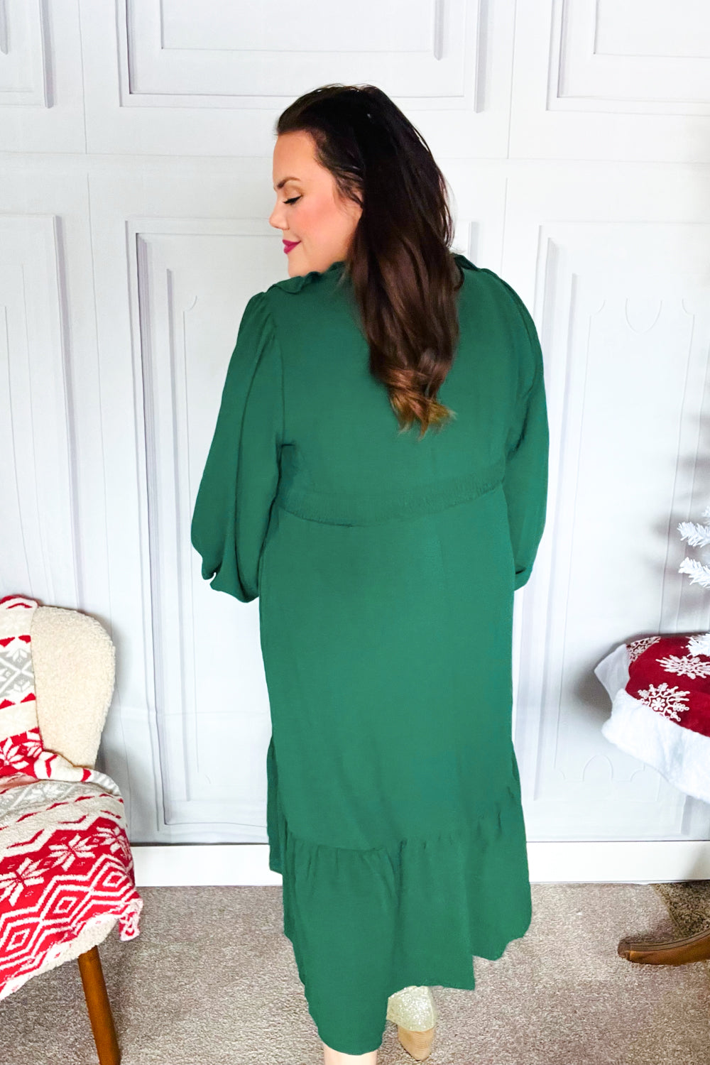 Holiday Green Overlap Ruffle V Neck Midi Dress