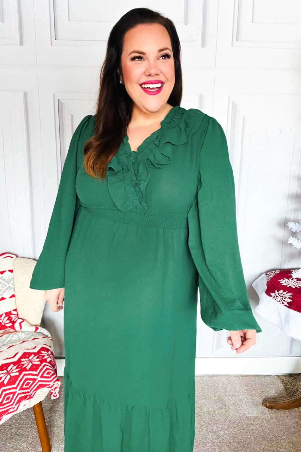 Holiday Green Overlap Ruffle V Neck Midi Dress