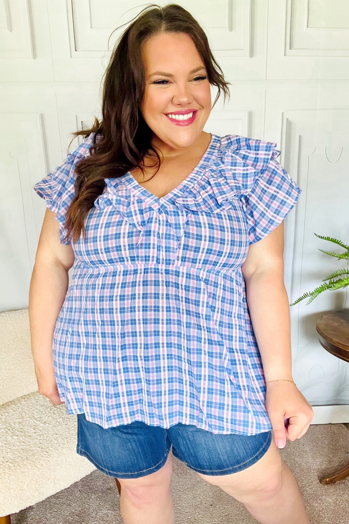 Haptics Blue Plaid V Neck Ruffle Elastic Babydoll Top