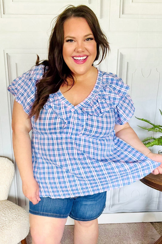 Haptics Blue Plaid V Neck Ruffle Elastic Babydoll Top