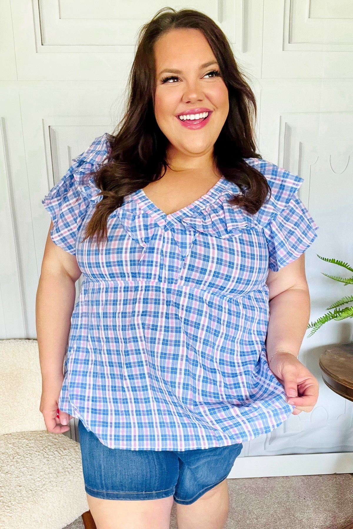 Haptics Blue Plaid V Neck Ruffle Elastic Babydoll Top