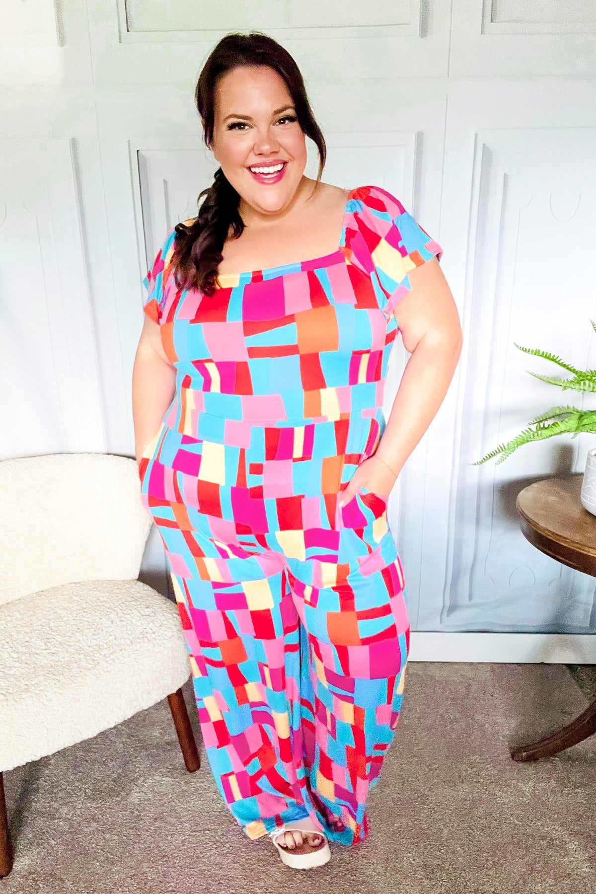 Haptics Scarlet & Aqua Geometric Print Wide Leg Jumpsuit