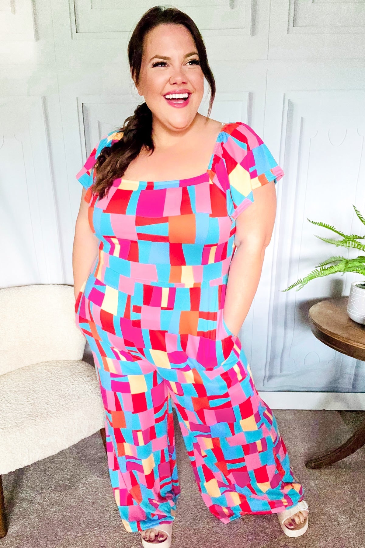 Haptics Scarlet & Aqua Geometric Print Wide Leg Jumpsuit