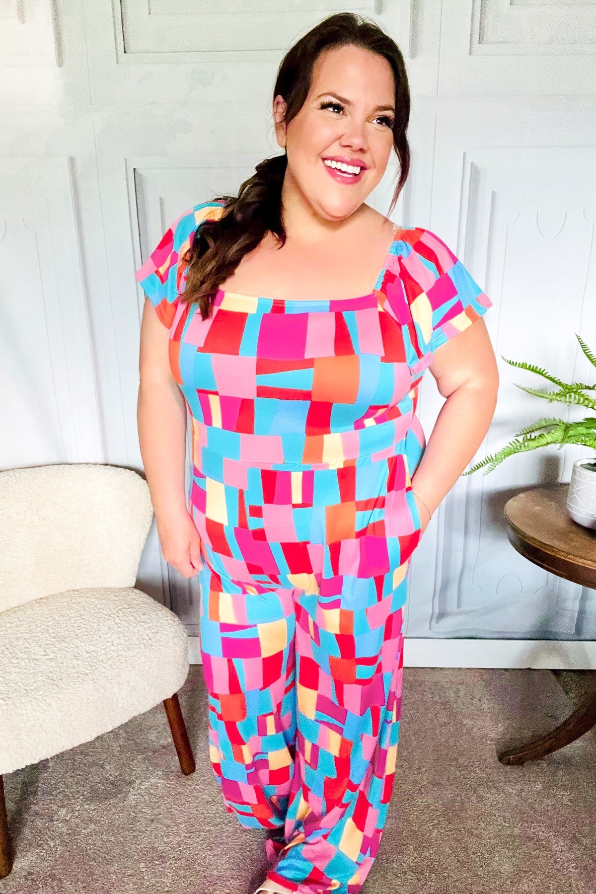 Haptics Scarlet & Aqua Geometric Print Wide Leg Jumpsuit