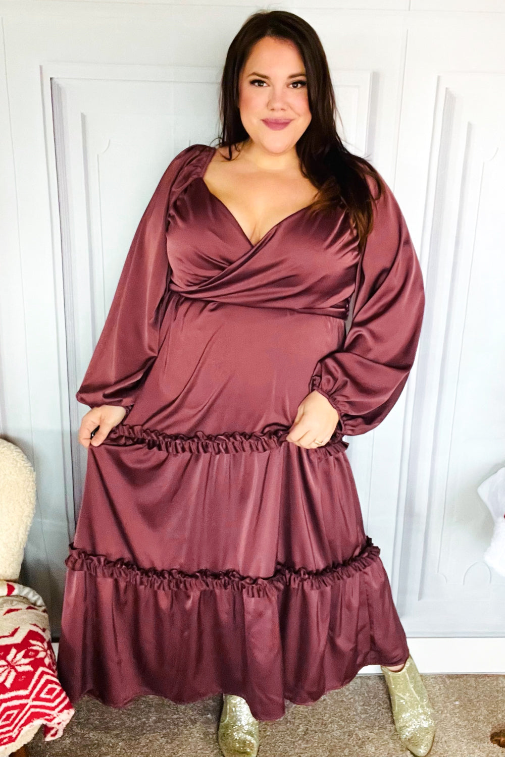 Wine Satin Front Overlap Smocked Back Maxi Dress