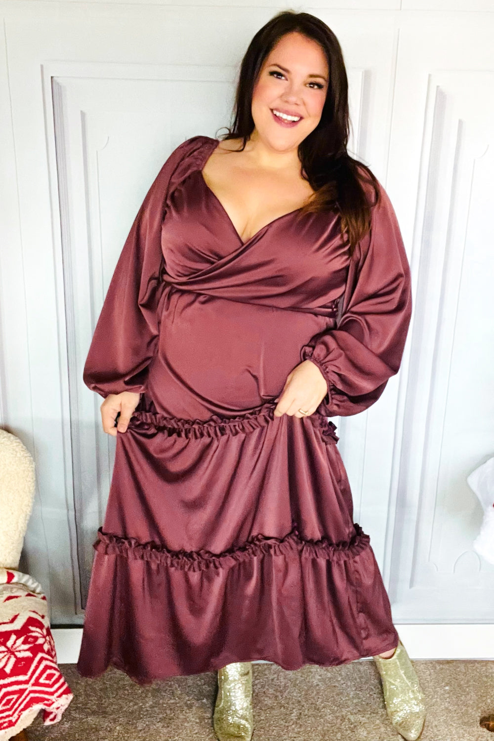 Wine Satin Front Overlap Smocked Back Maxi Dress