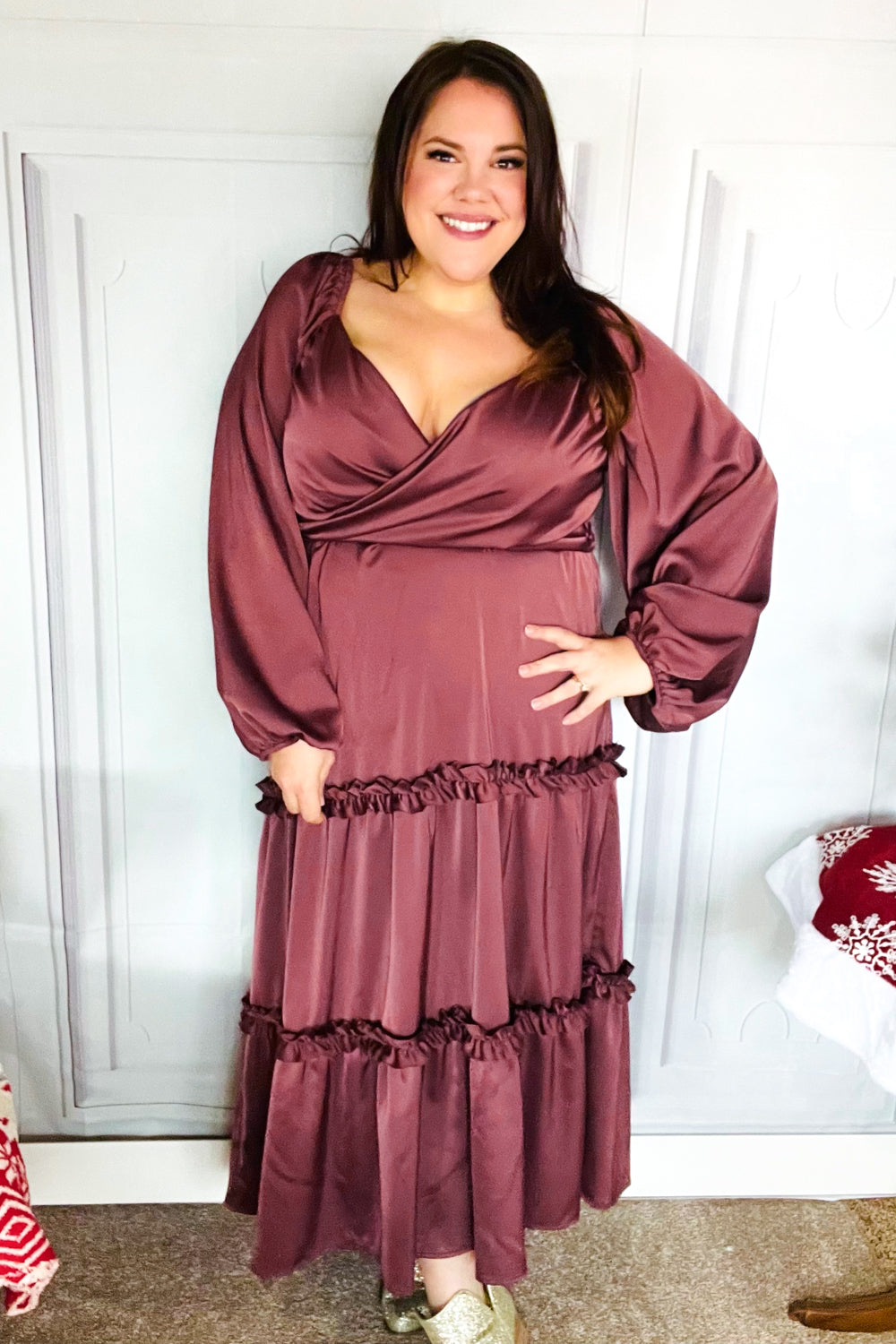 Wine Satin Front Overlap Smocked Back Maxi Dress