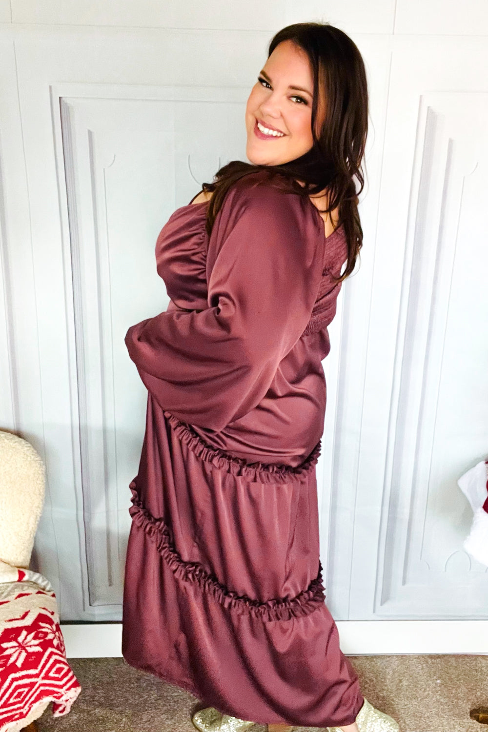 Wine Satin Front Overlap Smocked Back Maxi Dress