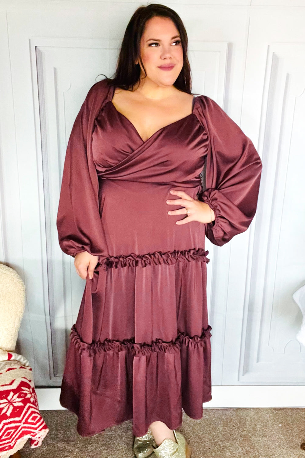 Wine Satin Front Overlap Smocked Back Maxi Dress