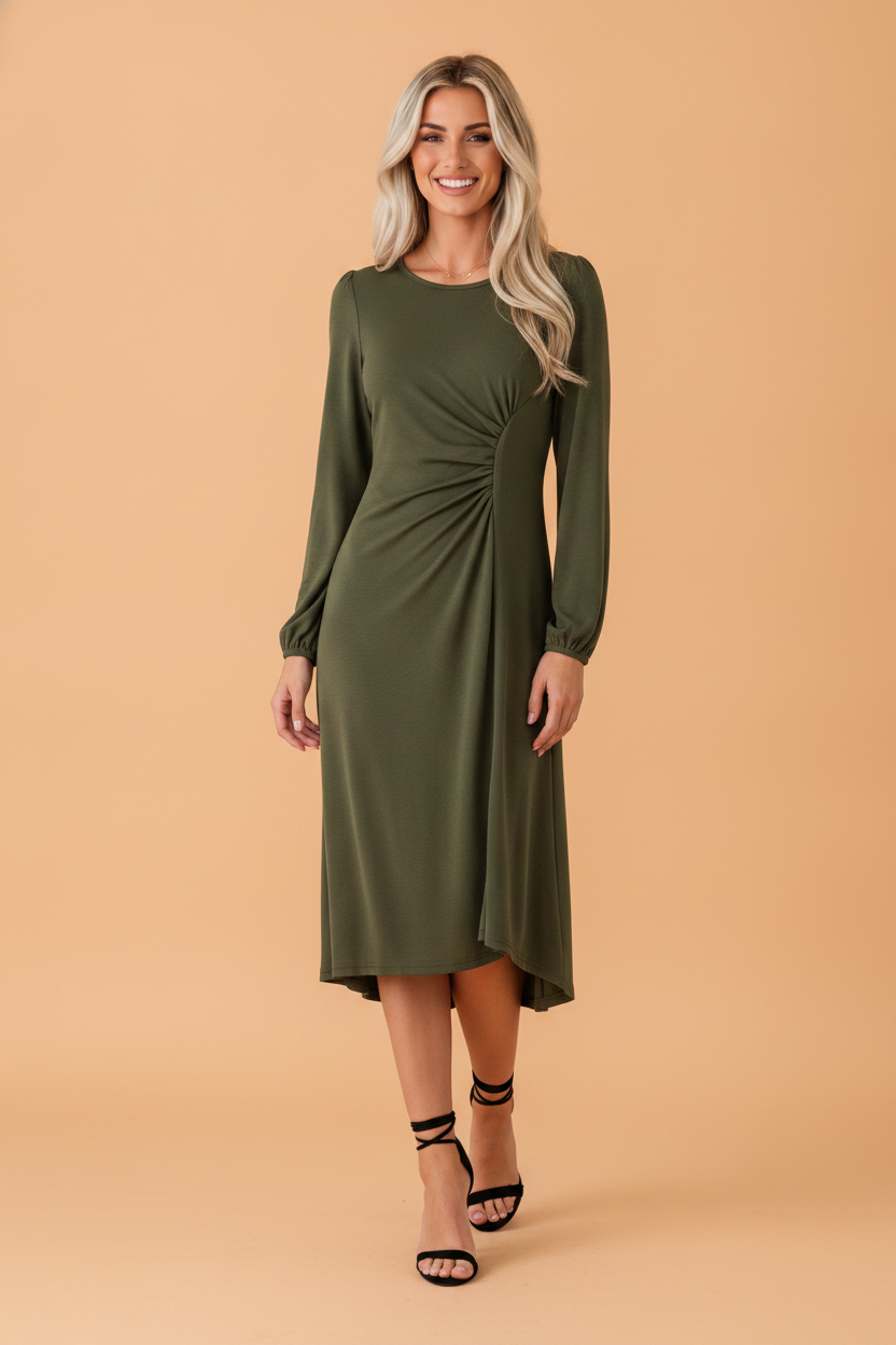 Jungle green ruched puff sleeve midi dress with flattering waist and boutique style