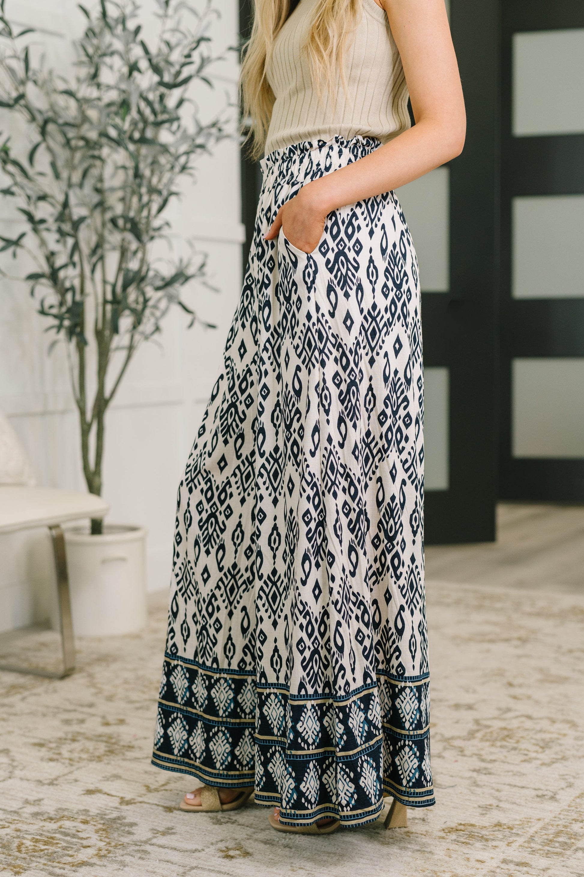 multiple colors Just So Boho High-Waist Wide-Leg Pants with a high elastic waist, wide legs, lining, and functional pockets, boutique fashion