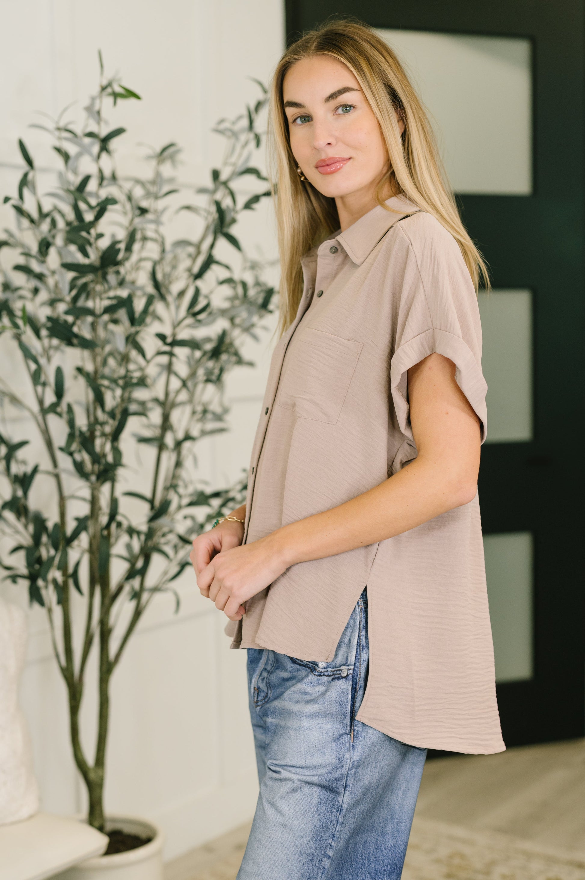 Keep Up Collared Button Down in Ash Mocha boutique top at Mollie Mae Boutique