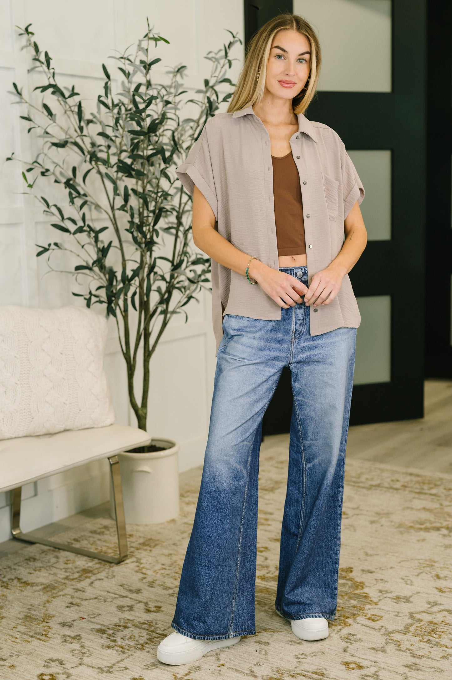 Keep Up Collared Button Down in Ash Mocha boutique top at Mollie Mae Boutique