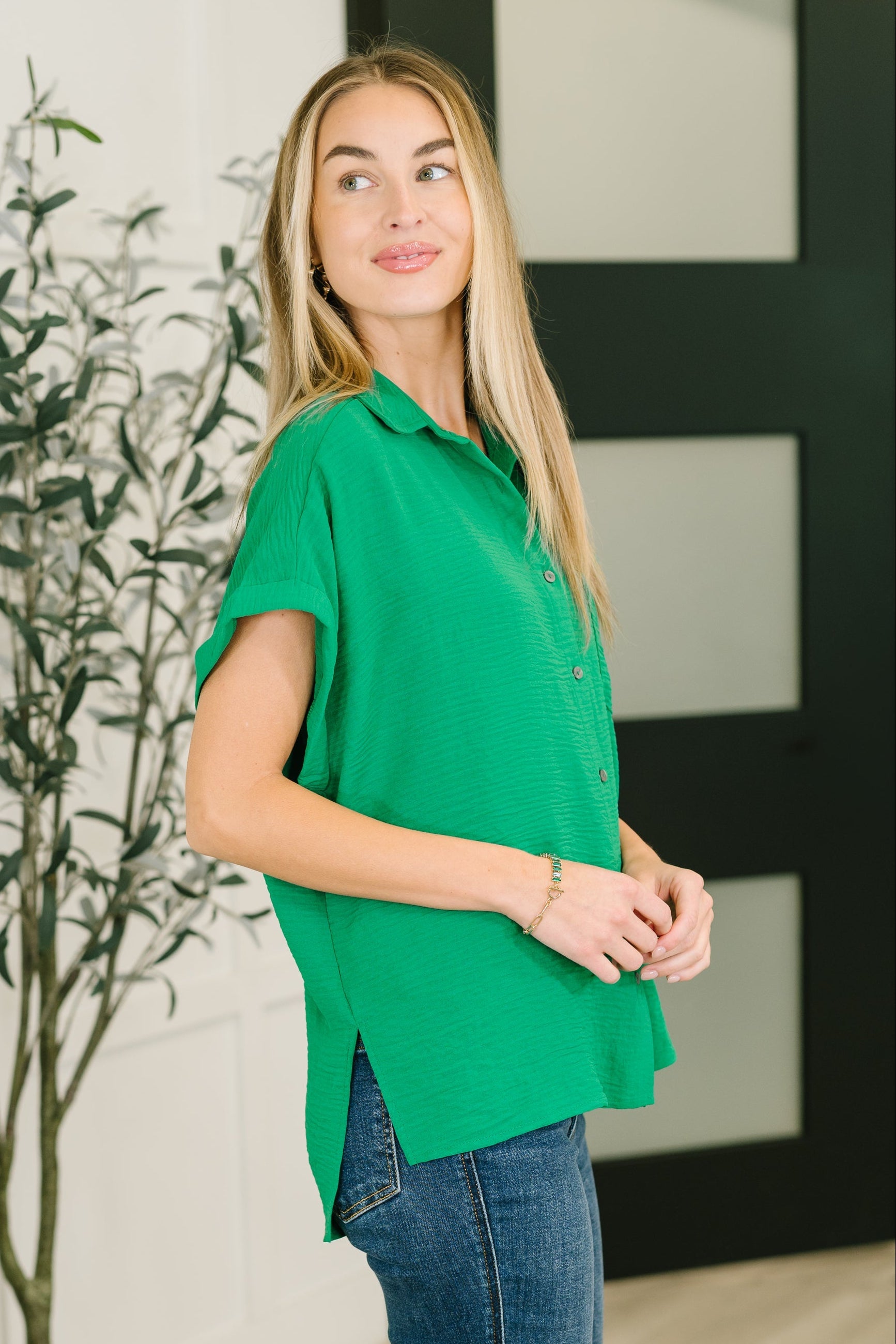 Keep Up Collared Button Down in Green boutique top at Mollie Mae Boutique