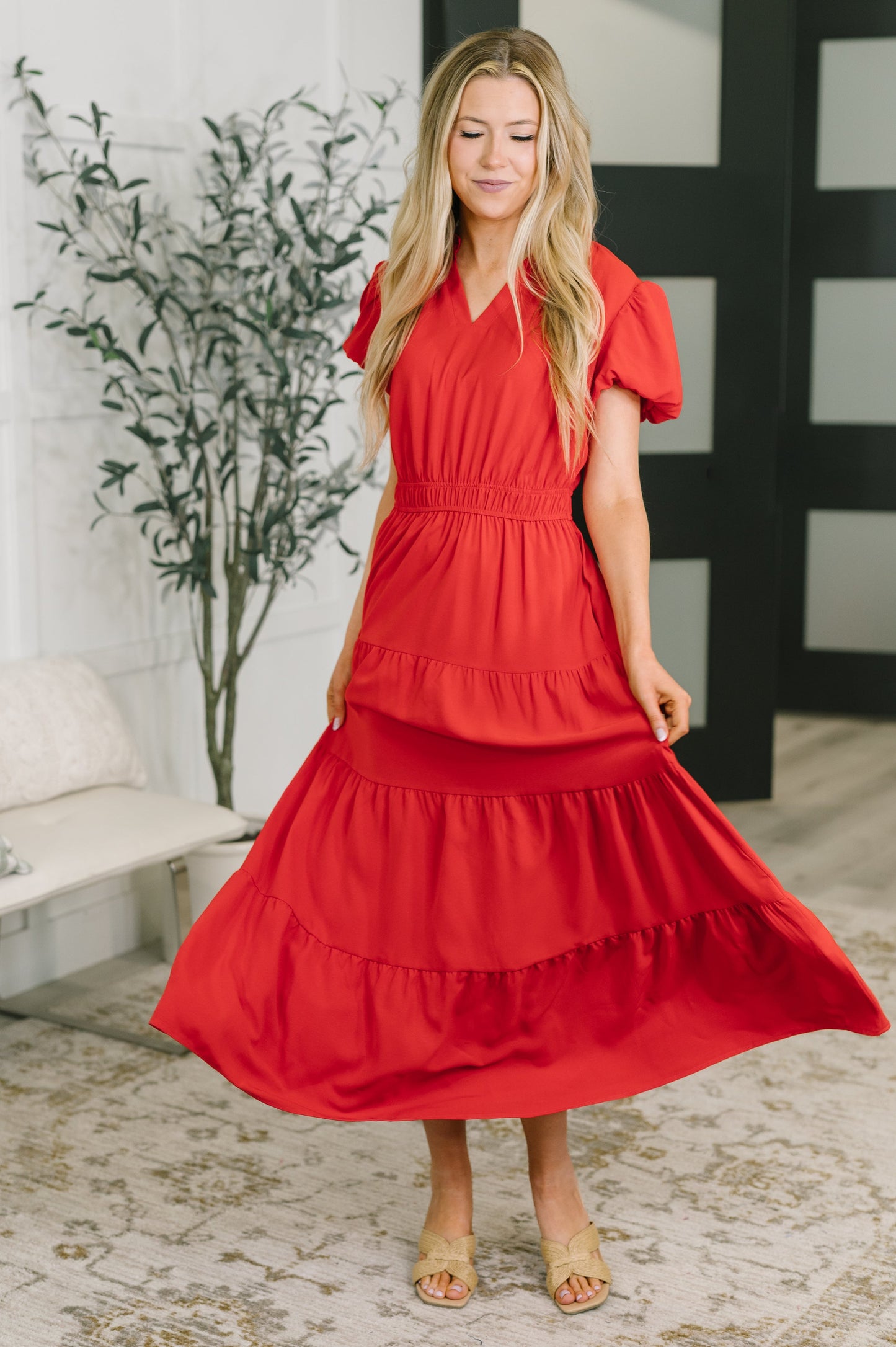 multiple colors Keep You Coming Balloon Sleeve Tiered Dress in Red with ruffled details, lined balloon sleeves, a tiered fit, and pockets, boutique fashion