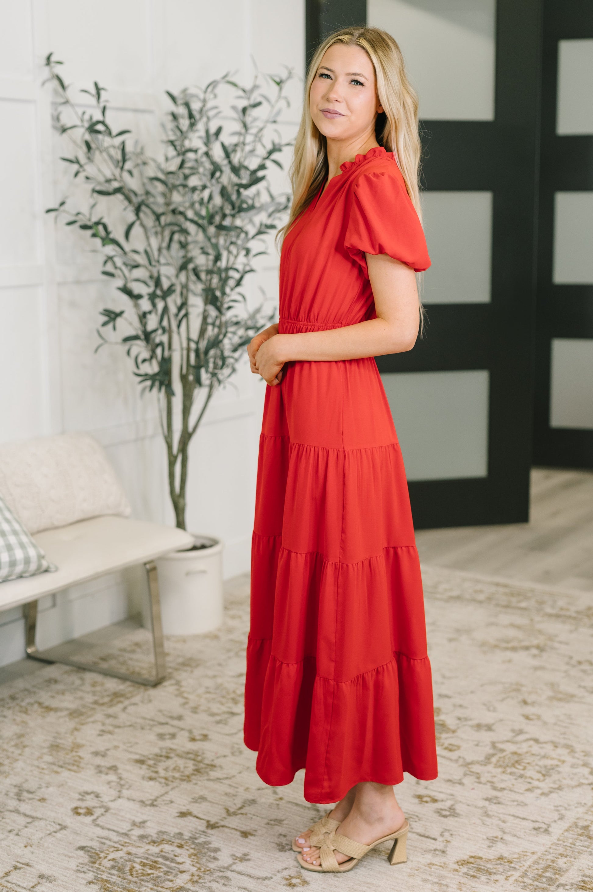 multiple colors Keep You Coming Balloon Sleeve Tiered Dress in Red with ruffled details, lined balloon sleeves, a tiered fit, and pockets, boutique fashion
