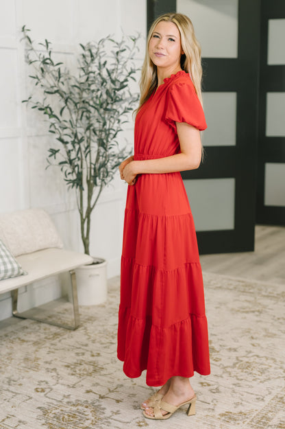 multiple colors Keep You Coming Balloon Sleeve Tiered Dress in Red with ruffled details, lined balloon sleeves, a tiered fit, and pockets, boutique fashion