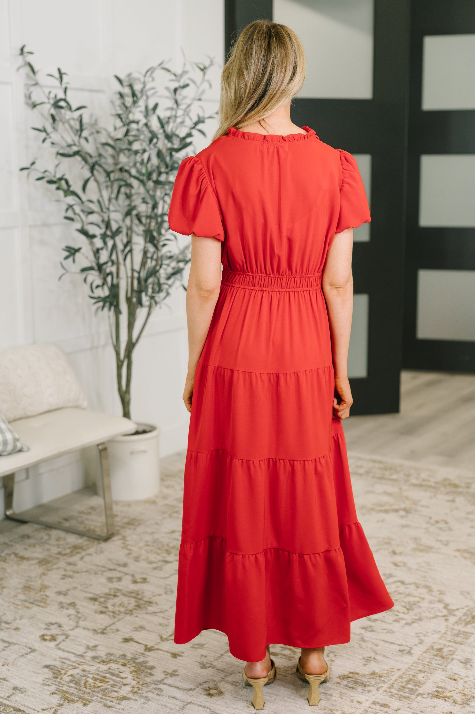 multiple colors Keep You Coming Balloon Sleeve Tiered Dress in Red with ruffled details, lined balloon sleeves, a tiered fit, and pockets, boutique fashion
