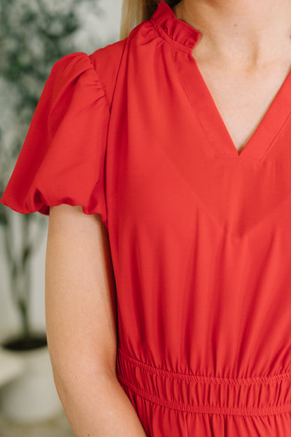 multiple colors Keep You Coming Balloon Sleeve Tiered Dress in Red with ruffled details, lined balloon sleeves, a tiered fit, and pockets, boutique fashion