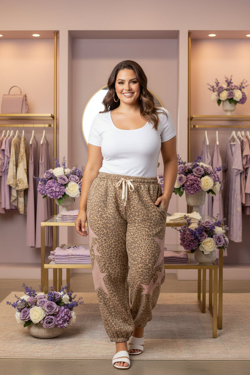 Khaki Plus Size Leopard Star Patch Jogger Pants boutique fashion piece with stylish details and comfortable everyday wear