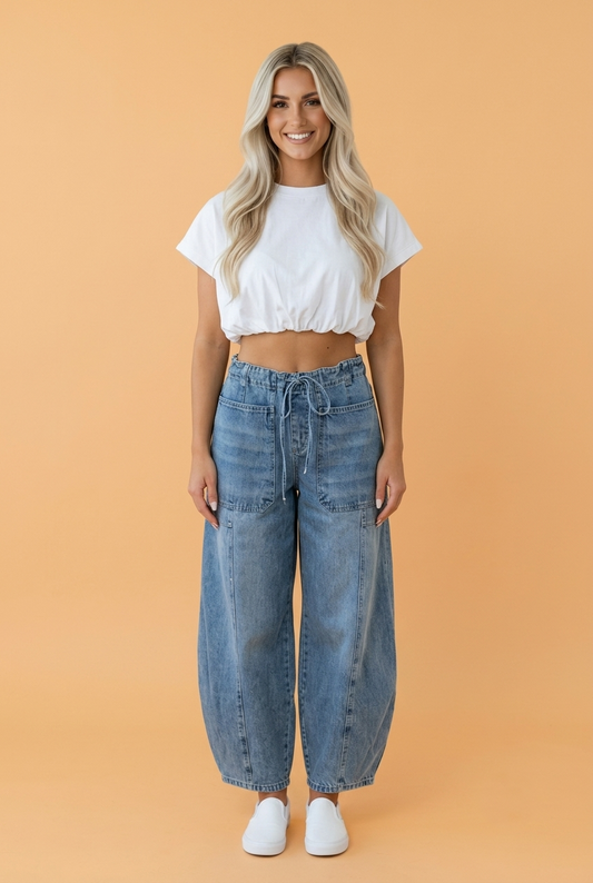 Myosotis Drawstring Paperbag Waist Barrel Jeans with a high paperbag waist, adjustable drawstring, and statement patch pockets, boutique fashion