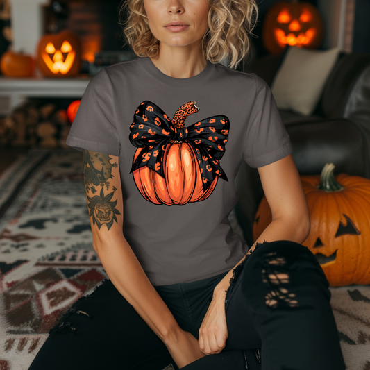 Pumpkin with Leopard Bow Graphic Tshirt