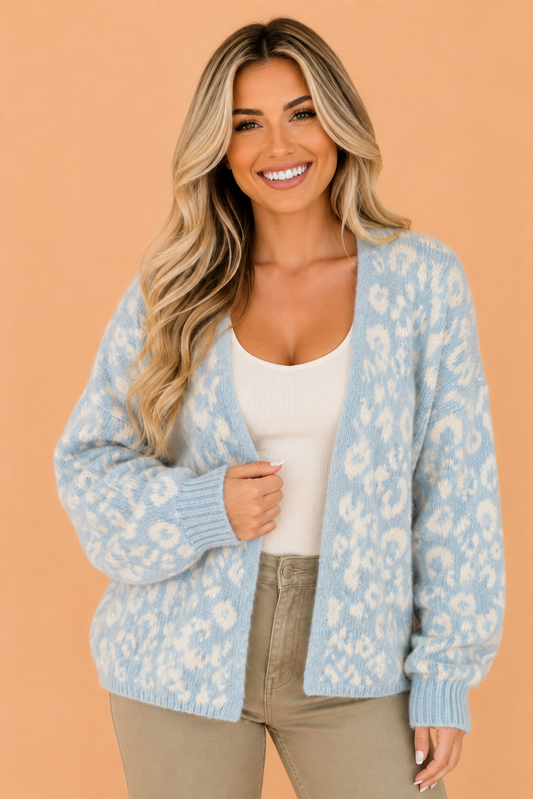 Light Blue Leopard Long Sleeve Open Front V-Neck Cardigan with leopard print women's boutique fashion