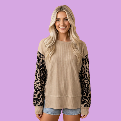 Leopard Waffle Knit Split Hem Sweater