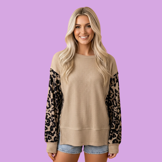 Leopard Waffle Knit Split Hem Sweater