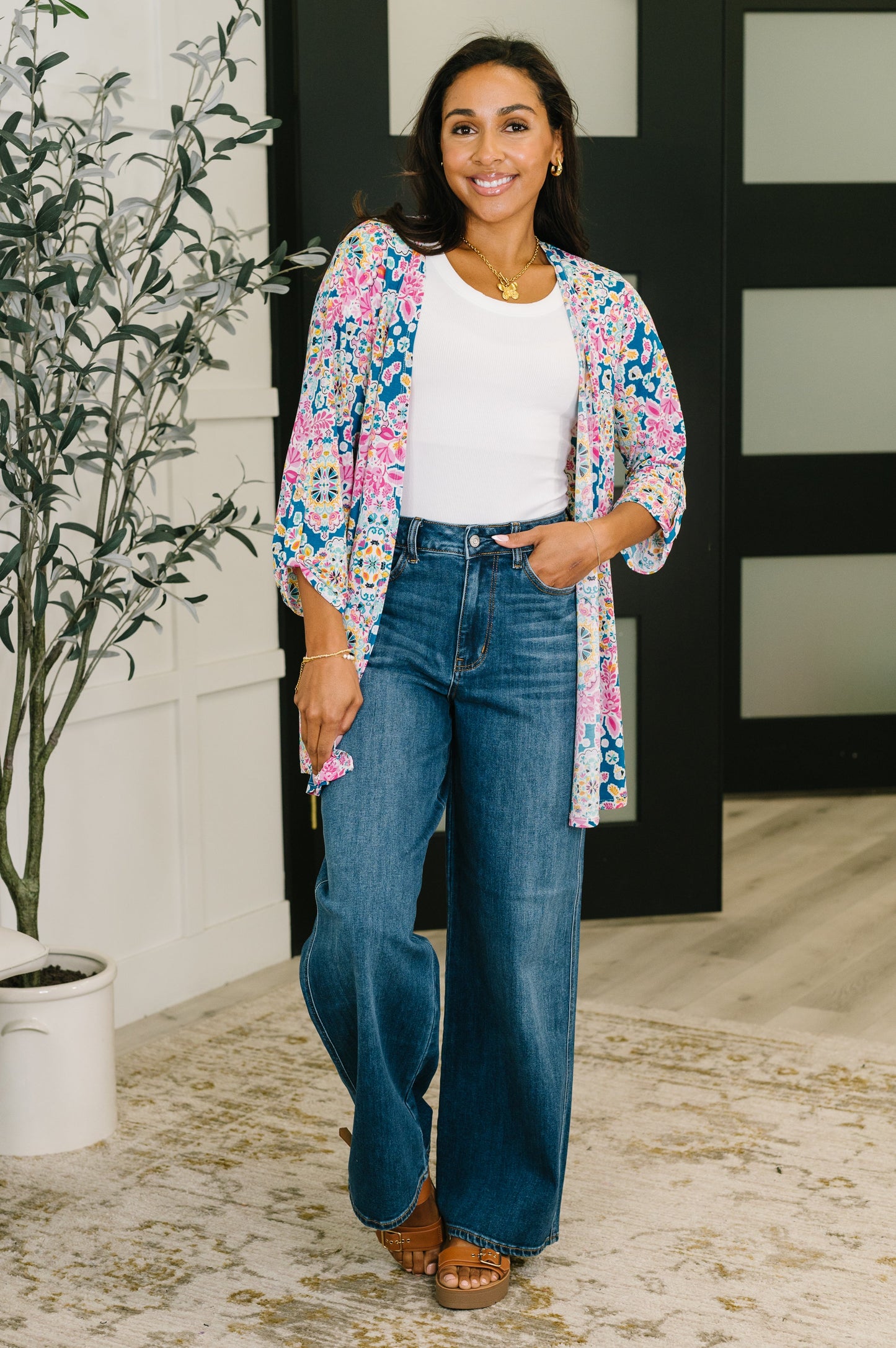 Lizzy Cardigan in Teal and Pink Floral Abstract