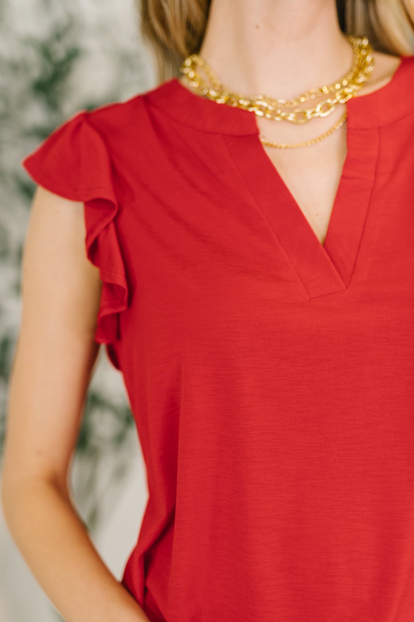 Lizzy Flutter Sleeve V-Neck Blouse in Red