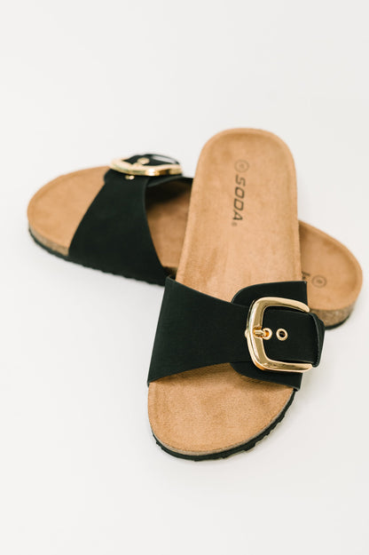Lizzy Slip On Buckle Strap Sandal in Black boutique apparel from Mollie Mae Boutique
