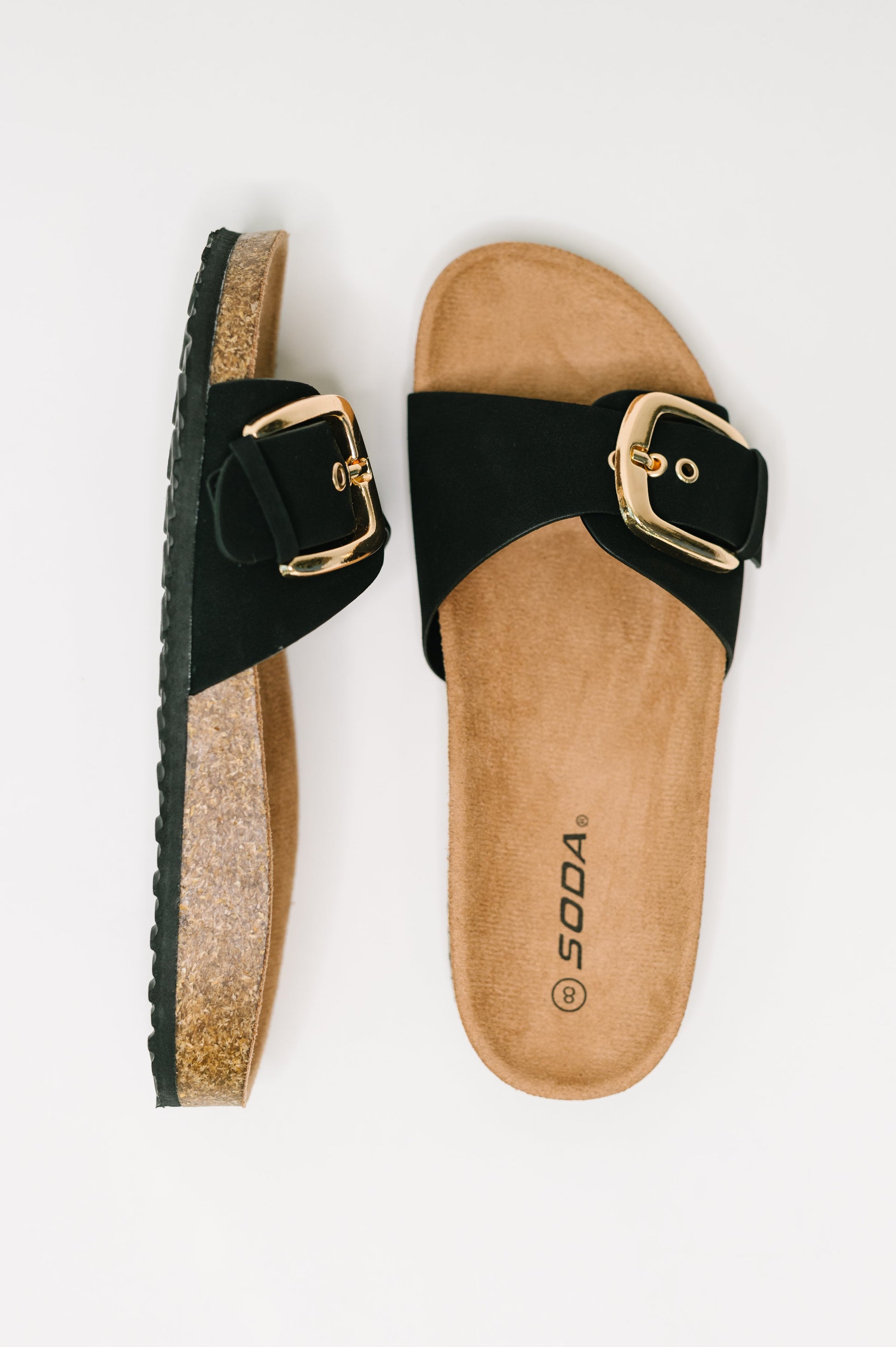 Lizzy Slip On Buckle Strap Sandal in Black boutique apparel from Mollie Mae Boutique