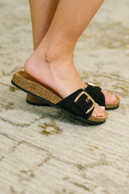 Lizzy Slip On Buckle Strap Sandal in Black boutique apparel from Mollie Mae Boutique