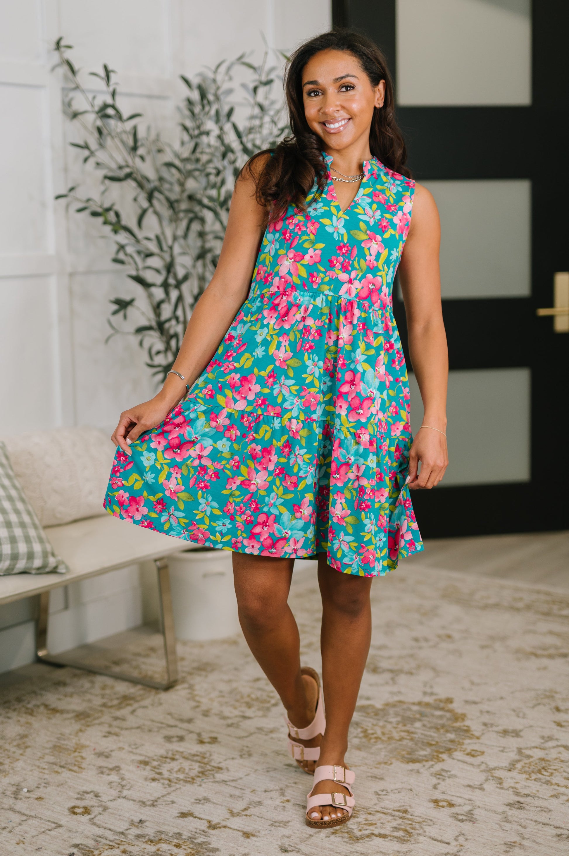 Lizzy Three Tier Tank Dress in Large Ditsy Floral boutique dress from Mollie Mae Boutique