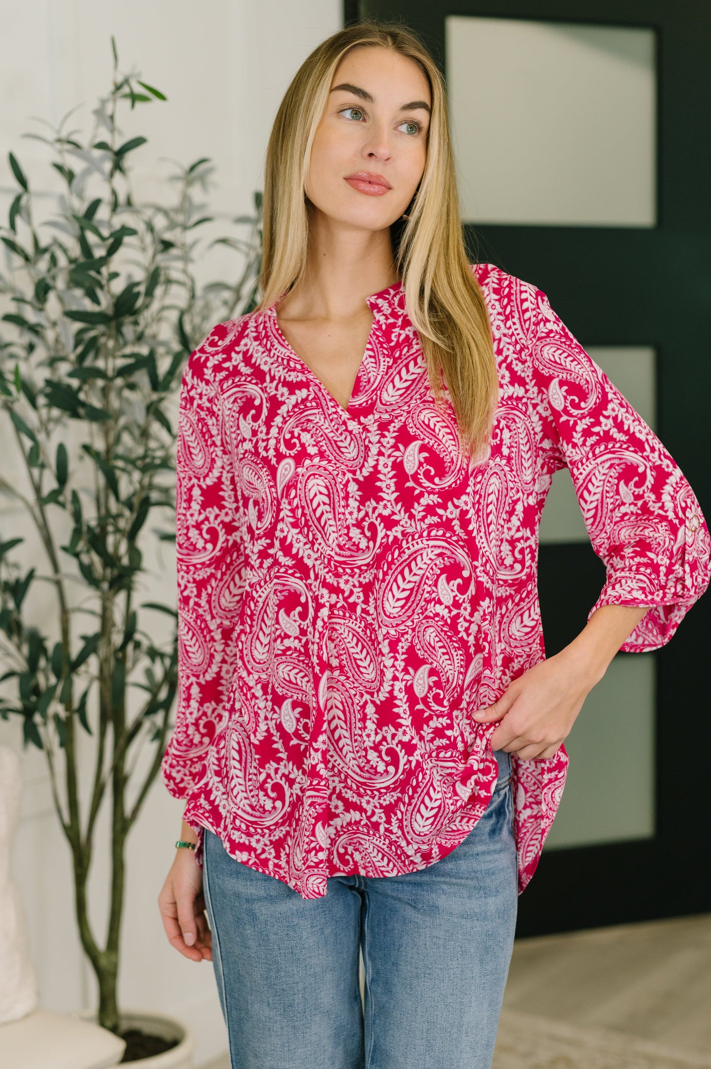 Lizzy Top in Pink Paisley boutique top at Mollie Mae Boutique