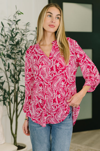Lizzy Top in Pink Paisley boutique top at Mollie Mae Boutique